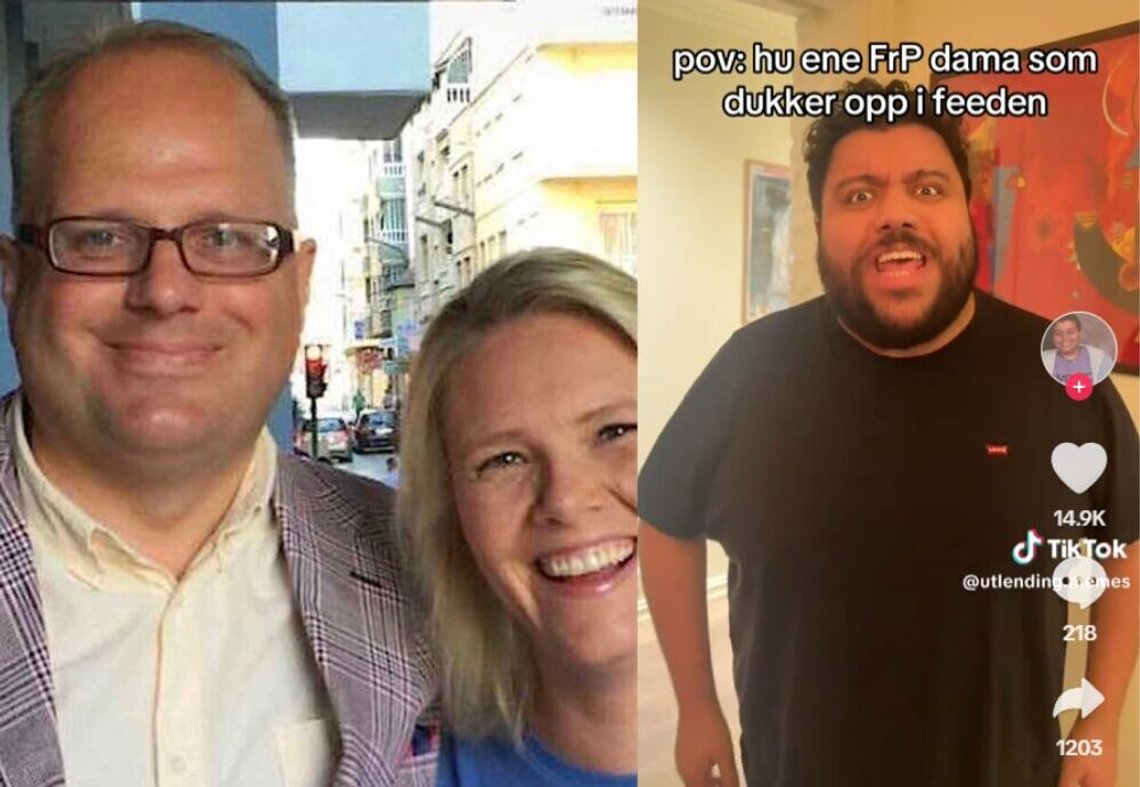 Recently sacked political advisor for the Progress Party (FrP), Hårek Hansen, and his former boss, FrP leader Sylvi Listhaug. The photo is taken from a reel Hansen published on his Facebook. Inset screenshot: Comedian Javad El Bakari on TikTok playing the “racist FrP lady” who appears in your feed. Recently sacked political advisor for the Progress Party (FrP), Hårek Hansen, and his former boss, FrP leader Sylvi Listhaug. The photo is taken from a reel Hansen published on his Facebook. Inset screenshot: Comedian Javad El Bakari on TikTok playing the “racist FrP lady” who appears in your feed.