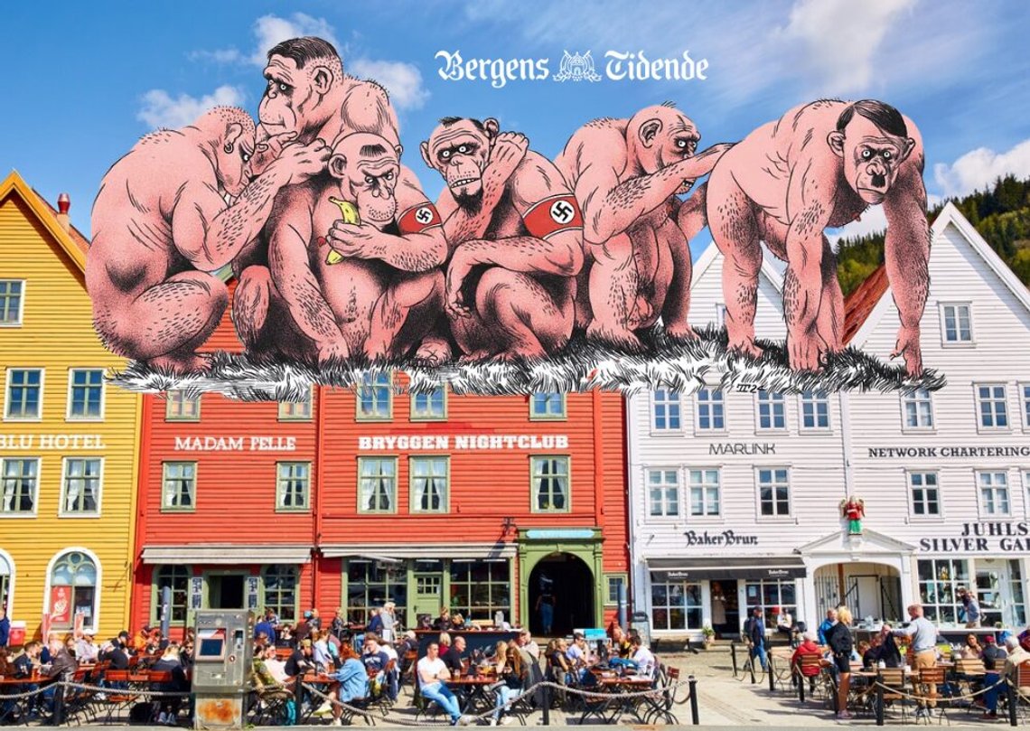 Bergen, Norway – 2 May 2022. Photo by Dibrova via Shutterstock. Inset image: Detail of an illustration by Tord Torpe in Bergens Tidende (12 October 2024), used to depict “six violent racists at large in Bergen” in connection with the Hamse Ali case. Bergen, Norway – 2 May 2022. Photo by Dibrova via Shutterstock. Inset image: Detail of an illustration by Tord Torpe in Bergens Tidende (12 October 2024), used to depict “six violent racists at large in Bergen” in connection with the Hamse Ali case.