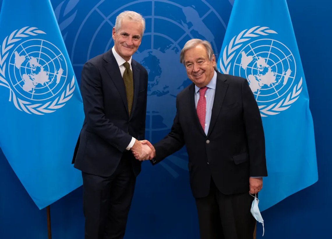 Norwegian Prime Minister Jonas Gahr Støre meets UN Secretary-General Antonio Guterres. Photo: San Diego Union-Tribune (2022) Norwegian Prime Minister Jonas Gahr Støre meets UN Secretary-General Antonio Guterres. Photo: San Diego Union-Tribune (2022)