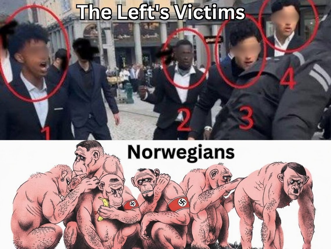 Top: Still image from the violence against a 17-year-old in Bergen on Constitution Day, 17 May. Bottom: Screenshot of an illustration in Bergens Tidende (12 October 2024) depicting six “violent racists” on the hunt in Bergen during the Hamse Ali case. Top: Still image from the violence against a 17-year-old in Bergen on Constitution Day, 17 May. Bottom: Screenshot of an illustration in Bergens Tidende (12 October 2024) depicting six “violent racists” on the hunt in Bergen during the Hamse Ali case.