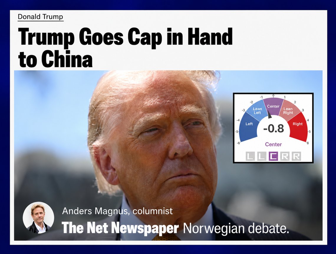 Photo: Screenshot from Nettavisen. Norwegian Debate: Trump heads to China with hat in hand. Inset: AllSides Bias Meter. Photo: Screenshot from Nettavisen. Norwegian Debate: Trump heads to China with hat in hand. Inset: AllSides Bias Meter.