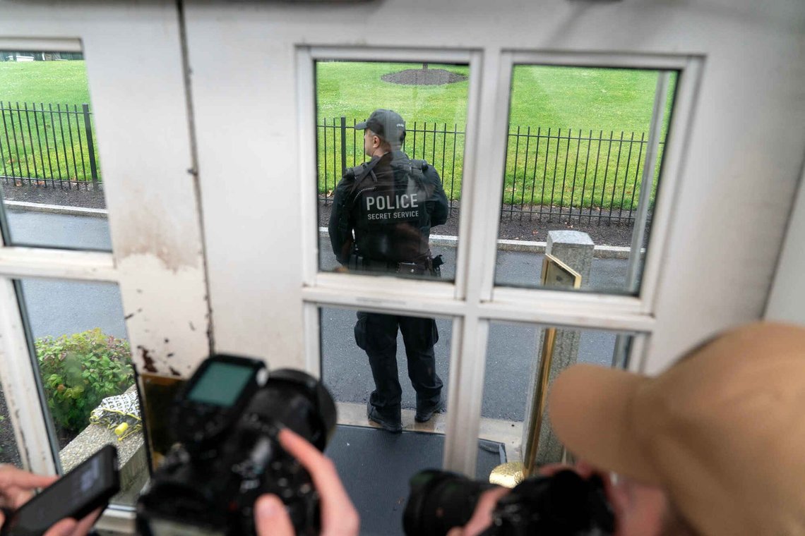 A member of the Secret Service guards the door of the press briefing room at the White House, Saturday, May 23, 2026, in Washington. A member of the Secret Service guards the door of the press briefing room at the White House, Saturday, May 23, 2026, in Washington.