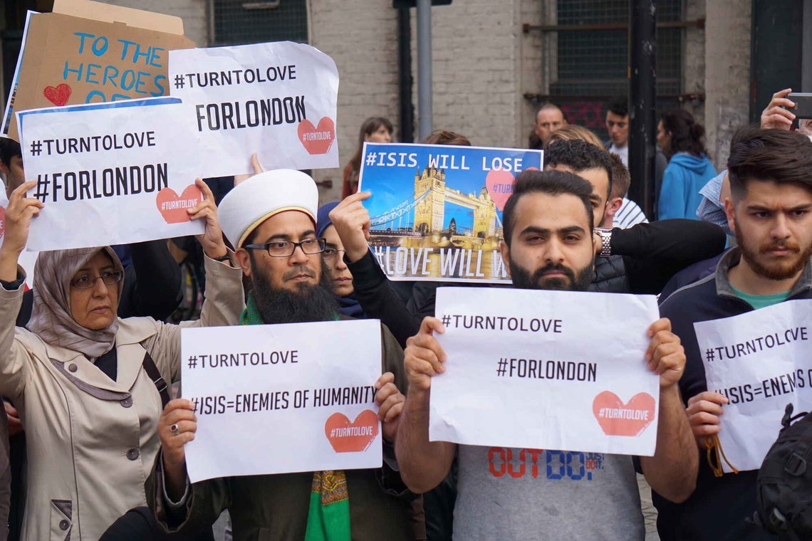 Muslims holding up signs with the messages “ISIS WILL LOSE” and “#TURNTOLOVE” the day after the terrorist attack on London Bridge on June 3, 2017, in which several people lost their lives. Since then, love hasn’t exactly been on the rise. Muslims holding up signs with the messages “ISIS WILL LOSE” and “#TURNTOLOVE” the day after the terrorist attack on London Bridge on June 3, 2017, in which several people lost their lives. Since then, love hasn’t exactly been on the rise.