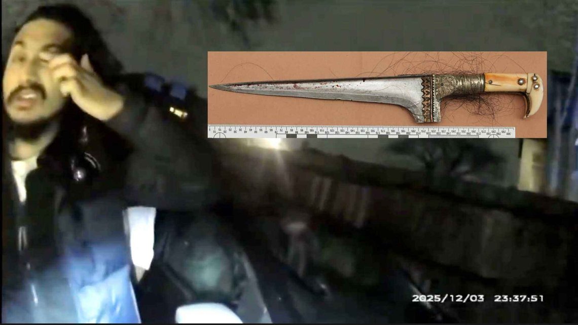 Vickrum Digwa claims he received a scratch above his eye, as seen on police body camera footage. Inset shows the knife he used to kill Henry Nowak. (Photo: Hampshire Police) Vickrum Digwa claims he received a scratch above his eye, as seen on police body camera footage. Inset shows the knife he used to kill Henry Nowak. (Photo: Hampshire Police)