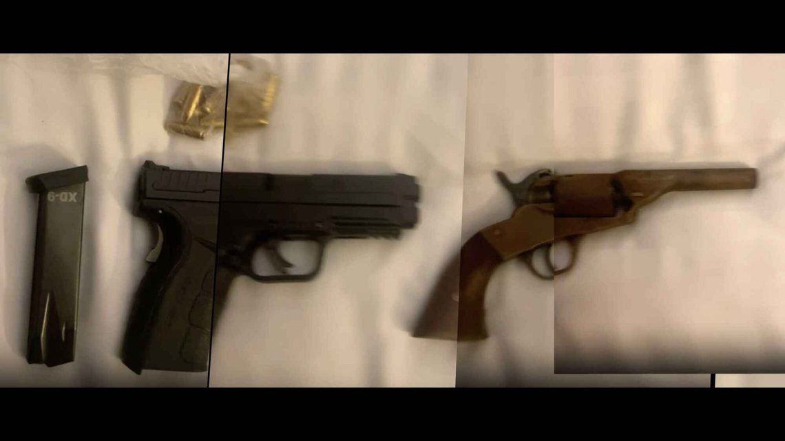 A semi-automatic pistol and an antique revolver, along with corresponding ammunition, were found in the hotel room where police arrested the young man from Stavanger in March last year. The image is a composite from a video recording allegedly made by the man himself and has been presented as evidence in court. Photo: Met Police UK A semi-automatic pistol and an antique revolver, along with corresponding ammunition, were found in the hotel room where police arrested the young man from Stavanger in March last year. The image is a composite from a video recording allegedly made by the man himself and has been presented as evidence in court. Photo: Met Police UK