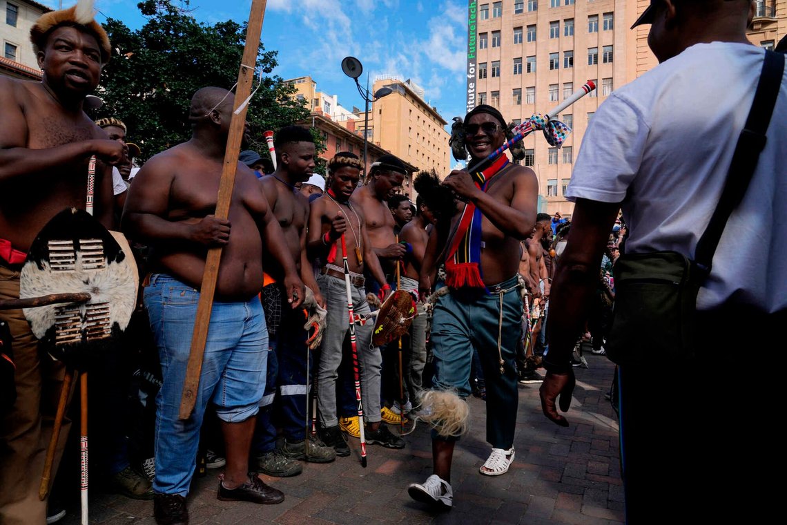 South Africans dressed in traditional Zulu attire protest against illegal migration, in Johannesburg, South Africa, Wednesday, April 29, 2026. South Africans dressed in traditional Zulu attire protest against illegal migration, in Johannesburg, South Africa, Wednesday, April 29, 2026.