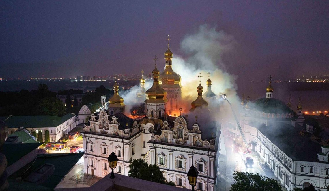 Rescue workers try to put out a fire at the Dormition Cathedral of thousand-year-old Monastery of Caves, also known as Kyiv Pechersk Lavra, following a Russian strike on Kyiv, Ukraine, Monday, June 15, 2026. Rescue workers try to put out a fire at the Dormition Cathedral of thousand-year-old Monastery of Caves, also known as Kyiv Pechersk Lavra, following a Russian strike on Kyiv, Ukraine, Monday, June 15, 2026.