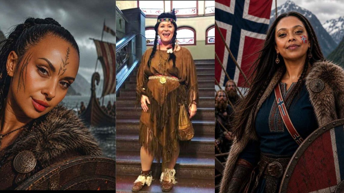 Kamzy Gunaratnam of Norway’s Labour Party and Laial Janet Ayoub of the Anti-Racist Centre have appropriated Norway’s Viking heritage in images they posted on Facebook. They themselves trace their origins to Sri Lanka and Lebanon. Considerably more controversy erupted when Siv Jensen dressed up as a Native American at a party in 2017. Photo: Social media. Kamzy Gunaratnam of Norway’s Labour Party and Laial Janet Ayoub of the Anti-Racist Centre have appropriated Norway’s Viking heritage in images they posted on Facebook. They themselves trace their origins to Sri Lanka and Lebanon. Considerably more controversy erupted when Siv Jensen dressed up as a Native American at a party in 2017. Photo: Social media.