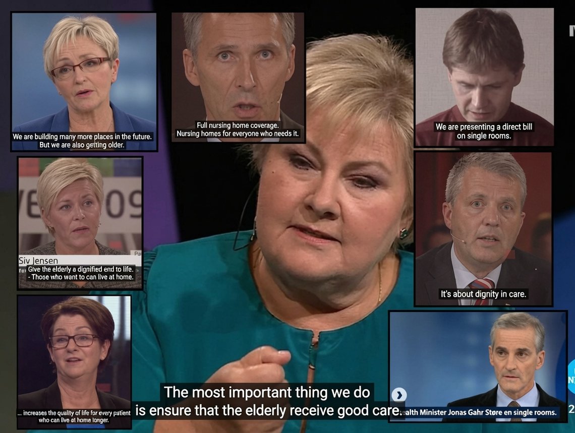 Illustrative image: Various media screenshots. Norwegian politicians promising dignified care for the elderly in election debates since the 1980s. Illustrative image: Various media screenshots. Norwegian politicians promising dignified care for the elderly in election debates since the 1980s.