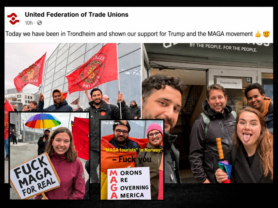 Screenshots from various Facebook posts about the demonstration against American tourists in Norway's "red city" of Trondheim. Screenshots from various Facebook posts about the demonstration against American tourists in Norway's "red city" of Trondheim.
