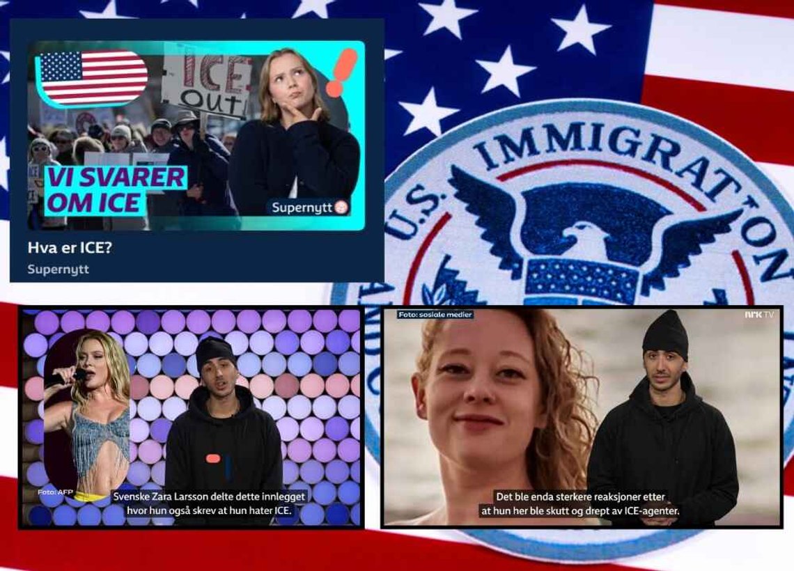 Illustration: American flag with ICE logo. Source: Shutterstock. Inserted images. Clippings from NRK reports on ICE, including Supernytt ('Supernews') for children. Illustration: American flag with ICE logo. Source: Shutterstock. Inserted images. Clippings from NRK reports on ICE, including Supernytt ('Supernews') for children.