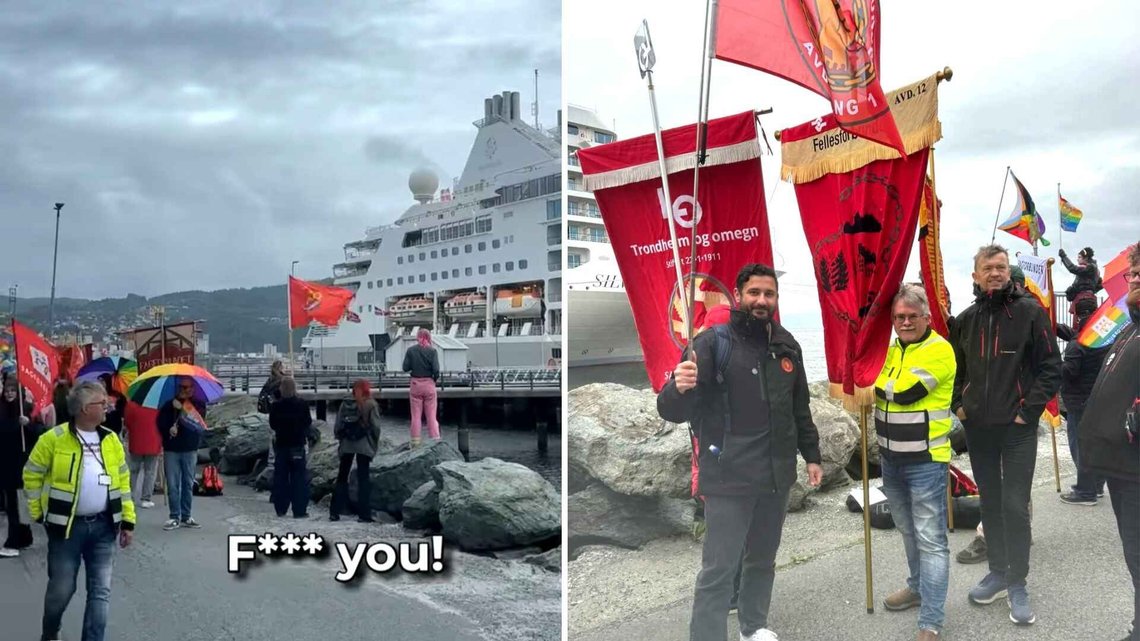 “MAGA go home”, “Fascists go home”, echoed across the quay as the cruise ship Silver Dawn arrived in Trondheim on 15 June 2026. The local LO organisation had mobilised the demonstrators. Photo: Fellesforbundet/video still from Nidaros. “MAGA go home”, “Fascists go home”, echoed across the quay as the cruise ship Silver Dawn arrived in Trondheim on 15 June 2026. The local LO organisation had mobilised the demonstrators. Photo: Fellesforbundet/video still from Nidaros.