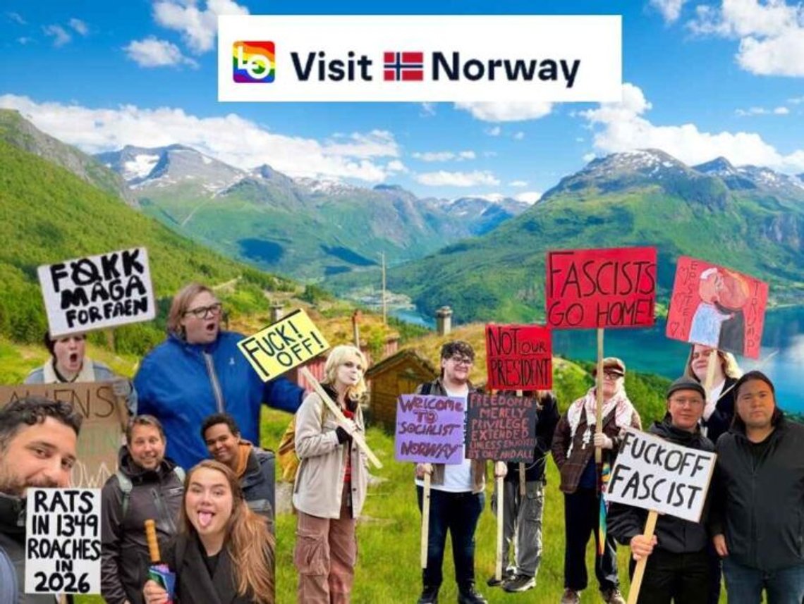 Main image: Shutterstock, by biletskiyevgeniy.com. Inset images: Cropped images from various media reports covering the “MAGA Cruise” demonstrations in Trondheim and Bergen, June 2026. Rainbow logo: the Norwegian Confederation of Trade Unions (LO). Main image: Shutterstock, by biletskiyevgeniy.com. Inset images: Cropped images from various media reports covering the “MAGA Cruise” demonstrations in Trondheim and Bergen, June 2026. Rainbow logo: the Norwegian Confederation of Trade Unions (LO).