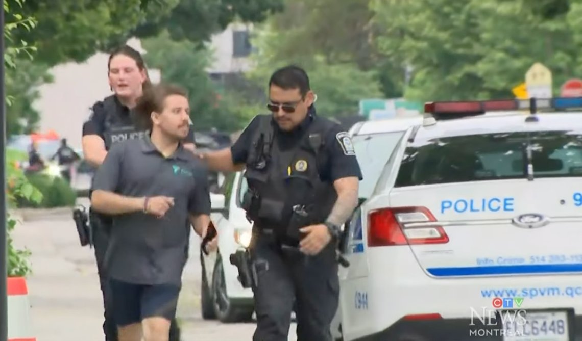 Police assist people fleeing a shopping centre near the scene of a shooting in Montreal on Monday, 22 June 2026. Video still from social media. Police assist people fleeing a shopping centre near the scene of a shooting in Montreal on Monday, 22 June 2026. Video still from social media.