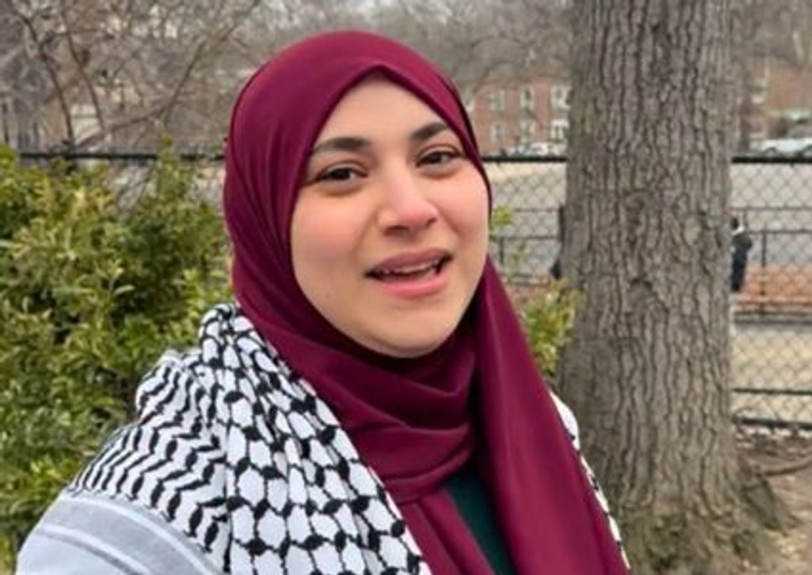 Aber Kawas, correctly attired in keffiyeh and hijab. The Palestine activist is now elected to the senate in the state of New York. Photo: X Aber Kawas, correctly attired in keffiyeh and hijab. The Palestine activist is now elected to the senate in the state of New York. Photo: X