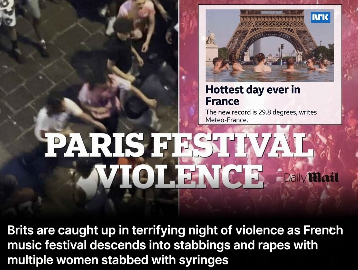 Main image: Screenshot from Daily Mail – Brits are caught up in terrifying night of violence at French music festival. Inset image: Screenshot from NRK reporting on the heatwave during Fête De La Musique, but not the violence. Main image: Screenshot from Daily Mail – Brits are caught up in terrifying night of violence at French music festival. Inset image: Screenshot from NRK reporting on the heatwave during Fête De La Musique, but not the violence.
