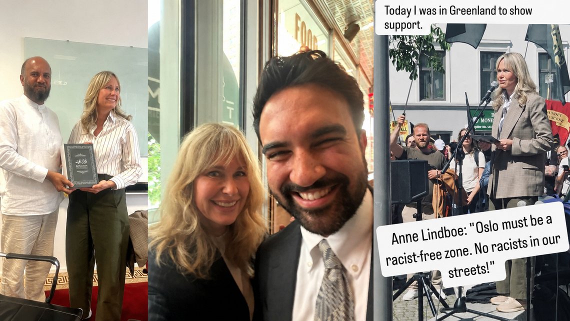 Anne Lindboe is the Conservative mayor of Oslo, but is also keen to cooperate with Islamic groups, socialists and communists. Here from her meeting with the ICC mosque on 14 June 2026, her meeting with Mamdani in New York on 24 June, and at the demonstration against Norway’s Democrats and AfD on 12 June in Oslo's migrant-rich area of Grønland / Greenland. Photo: Facebook. Anne Lindboe is the Conservative mayor of Oslo, but is also keen to cooperate with Islamic groups, socialists and communists. Here from her meeting with the ICC mosque on 14 June 2026, her meeting with Mamdani in New York on 24 June, and at the demonstration against Norway’s Democrats and AfD on 12 June in Oslo's migrant-rich area of Grønland / Greenland. Photo: Facebook.