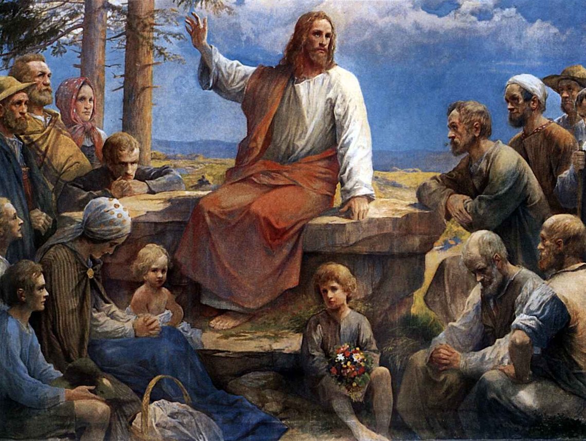 Rudolf Yelin (1864–1940), The Sermon on the Mount, in the Protestant church at Reinerzau, near Alpirsbach, in Germany's Black Forest. Rudolf Yelin (1864–1940), The Sermon on the Mount, in the Protestant church at Reinerzau, near Alpirsbach, in Germany's Black Forest.