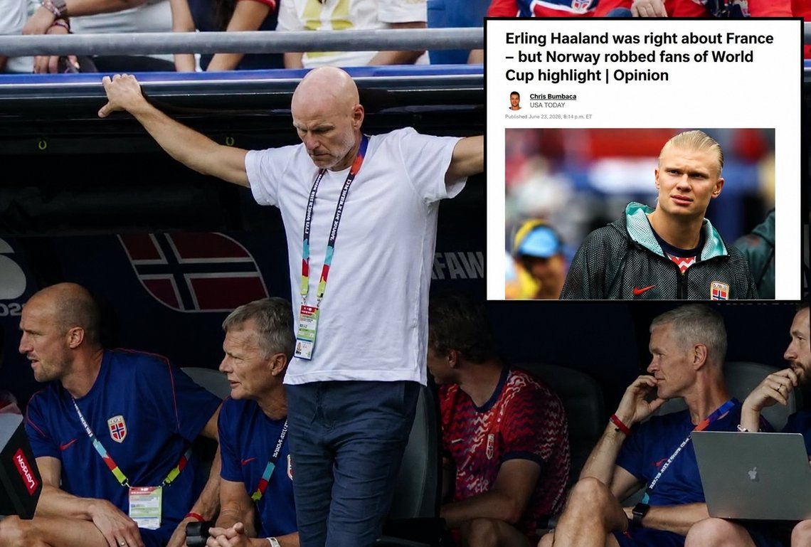 DISAPPOINTED: Ståle Solbakken is far from satisfied. Photo: Fredrik Varfjell / NTB. Inset: Screenshot of the USA Today article, "Erling Haaland Was Right About France – but Norway Robbed Fans of a World Cup Highlight." DISAPPOINTED: Ståle Solbakken is far from satisfied. Photo: Fredrik Varfjell / NTB. Inset: Screenshot of the USA Today article, "Erling Haaland Was Right About France – but Norway Robbed Fans of a World Cup Highlight."