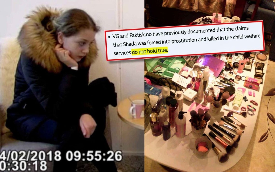 Shada al-Bargouthi during a facilitated police interview in 2018 (left) and the makeup and personal belongings handed over to the family after the 16-year-old’s death in 2019 (right).
Inset: NRK’s attempt to dismiss claims that the teenager was subjected to trafficking. Photo: From police video / Private / screenshot from NRK.no Shada al-Bargouthi during a facilitated police interview in 2018 (left) and the makeup and personal belongings handed over to the family after the 16-year-old’s death in 2019 (right).
Inset: NRK’s attempt to dismiss claims that the teenager was subjected to trafficking. Photo: From police video / Private / screenshot from NRK.no