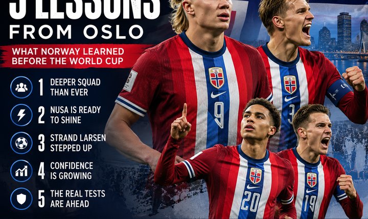 Norway national football players Erling Haaland, Martin Ødegaard, Antonio Nusa and Jørgen Strand Larsen featured in a sports editorial graphic highlighting five key lessons from Norway's 3–1 victory over Sweden ahead of the 2026 FIFA World Cup.