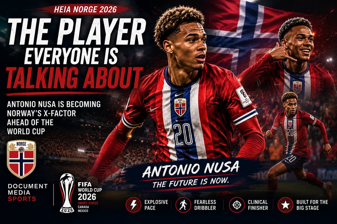 Antonio Nusa celebrates as Norway's emerging star ahead of the 2026 FIFA World Cup, featured in a cinematic Document Media Sports graphic highlighting his rise as a key player for the Norwegian national team.