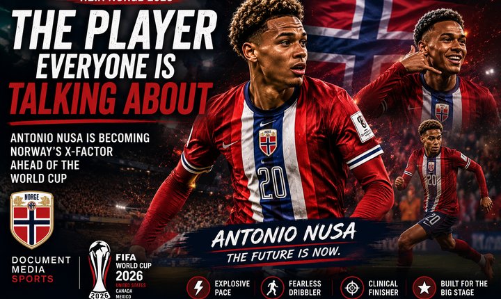 Antonio Nusa celebrates as Norway's emerging star ahead of the 2026 FIFA World Cup, featured in a cinematic Document Media Sports graphic highlighting his rise as a key player for the Norwegian national team.