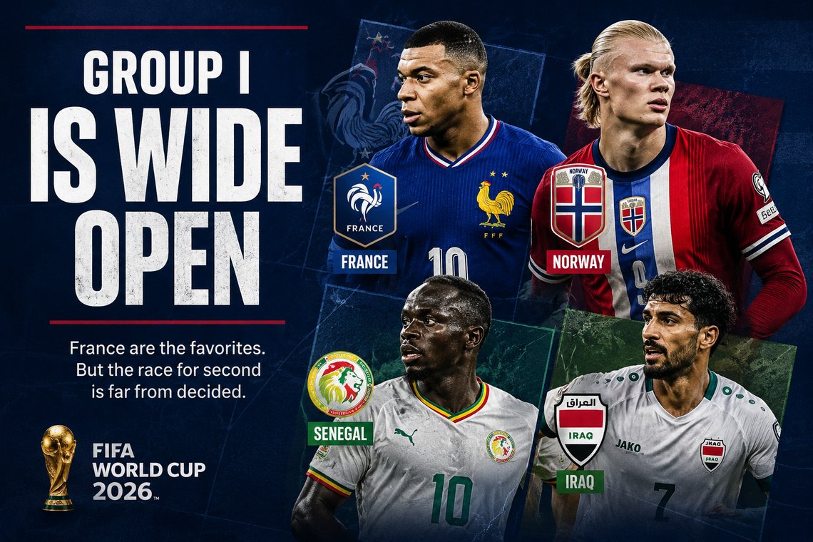 AI-generated editorial illustration created for the Document Media. Document Media Sports World Cup graphic showing France, Norway, Senegal, and Iraq competing in the open Group I race at FIFA World Cup 2026.