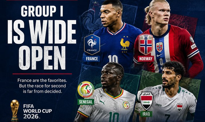 Document Media Sports World Cup graphic showing France, Norway, Senegal, and Iraq competing in the open Group I race at FIFA World Cup 2026.