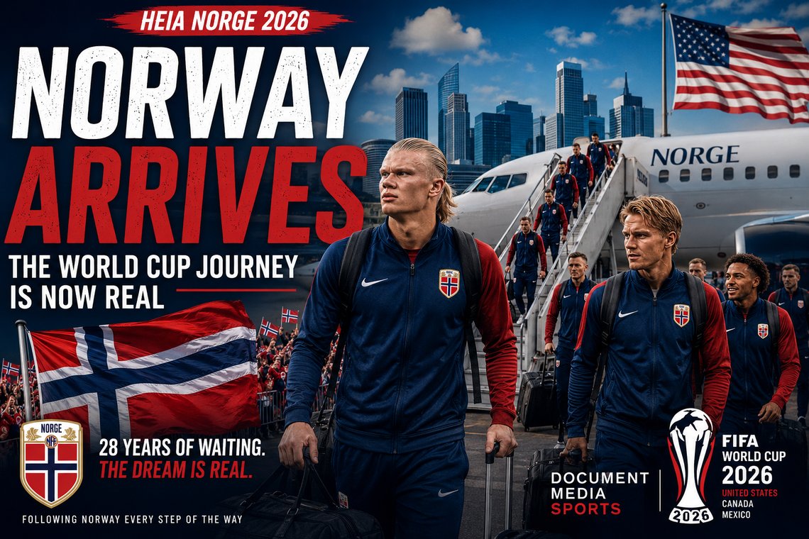 AI-generated editorial illustration created for the Document Media. Norway national football team arrives in the United States ahead of the 2026 FIFA World Cup as Erling Haaland, Martin Ødegaard and teammates disembark from an aircraft, marking Norway's return to football's biggest stage after a 28-year absence.