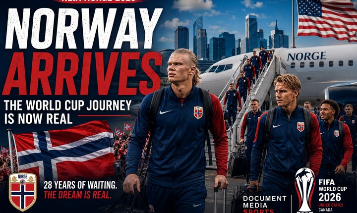 Norway national football team arrives in the United States ahead of the 2026 FIFA World Cup as Erling Haaland, Martin Ødegaard and teammates disembark from an aircraft, marking Norway's return to football's biggest stage after a 28-year absence.