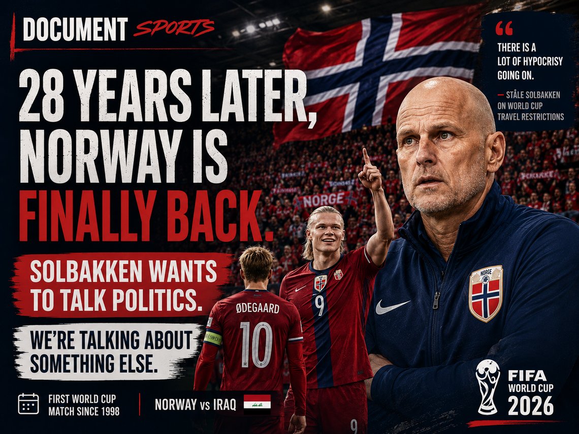 AI-generated editorial illustration created for the Document Media. Document Sports graphic showing Ståle Solbakken, Martin Ødegaard and Erling Haaland ahead of Norway's first World Cup appearance since 1998.
