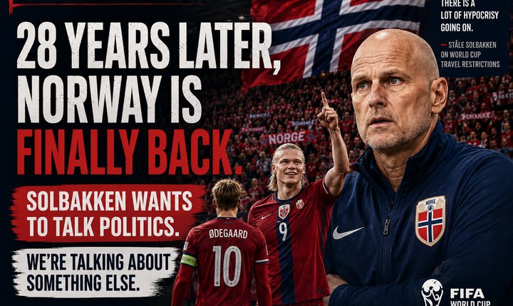 Document Sports graphic showing Ståle Solbakken, Martin Ødegaard and Erling Haaland ahead of Norway's first World Cup appearance since 1998.
