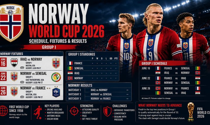 Norway World Cup 2026 schedule graphic with Group I fixtures and Document Media Sports branding.