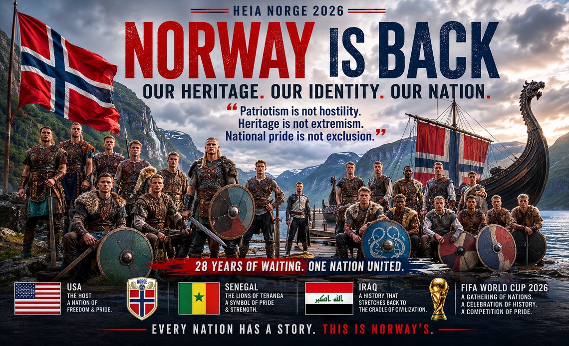 AI-generated editorial illustration created for the Document Media. Norway football players in Viking-inspired costumes celebrating Norwegian heritage ahead of the 2026 World Cup.