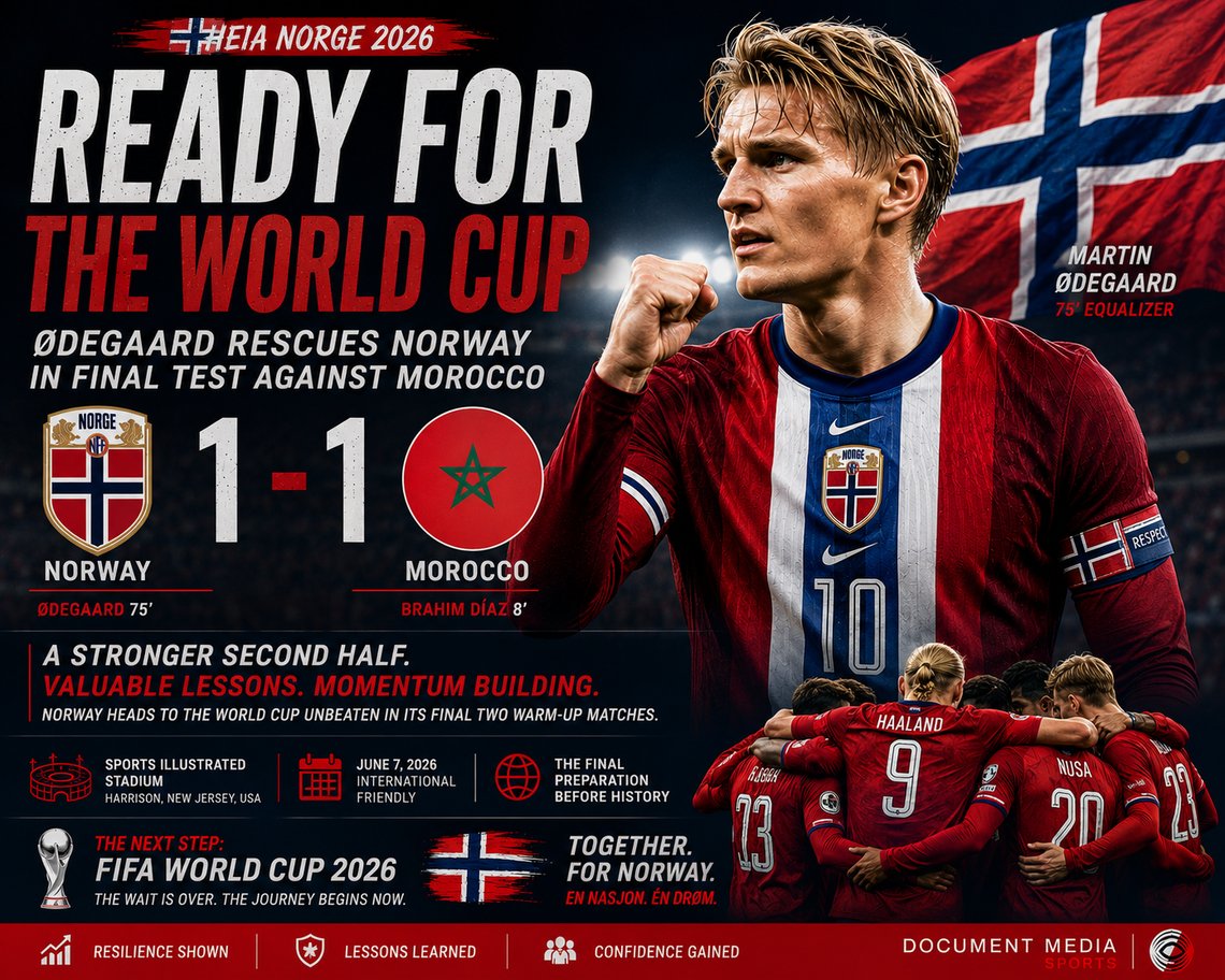 Martin Ødegaard leads Norway during a 1–1 draw against Morocco at Sports Illustrated Stadium in Harrison, New Jersey, in the team's final warm-up match before the 2026 FIFA World Cup.
