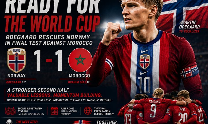 Martin Ødegaard leads Norway during a 1–1 draw against Morocco at Sports Illustrated Stadium in Harrison, New Jersey, in the team's final warm-up match before the 2026 FIFA World Cup.