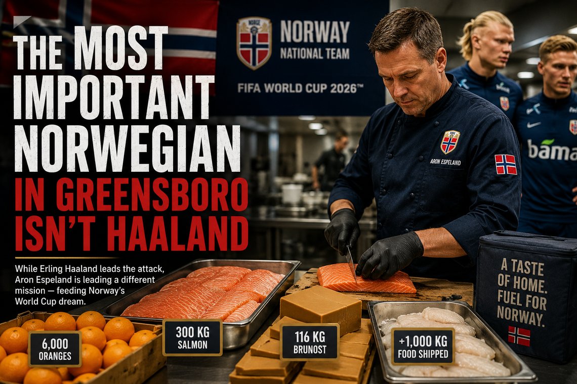 AI-generated editorial illustration created for the Document Media. Aron Espeland, head chef for Norway's national football team, prepares Norwegian salmon at the World Cup base in Greensboro, North Carolina. Norway shipped more than 1,000 kilograms of food, including salmon, brunost, and 6,000 oranges, to support its FIFA World Cup 2026 campaign.