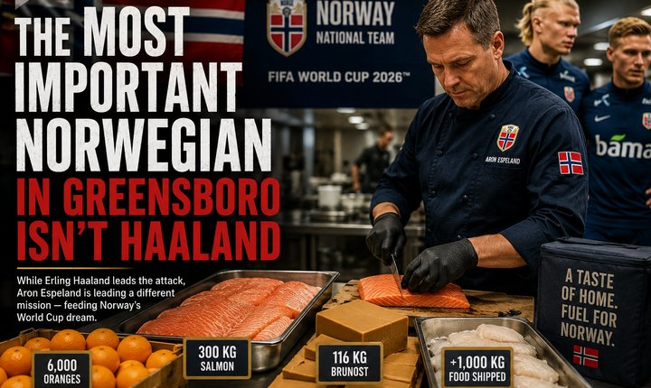 Aron Espeland, head chef for Norway's national football team, prepares Norwegian salmon at the World Cup base in Greensboro, North Carolina. Norway shipped more than 1,000 kilograms of food, including salmon, brunost, and 6,000 oranges, to support its FIFA World Cup 2026 campaign.