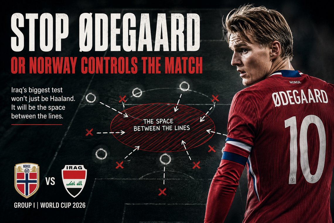 AI-generated editorial illustration created for the Document Media. Document Media Sports tactical preview showing how Norway can create chances against Iraq in their FIFA World Cup 2026 Group I opener, featuring Haaland, Ødegaard, and Nusa.