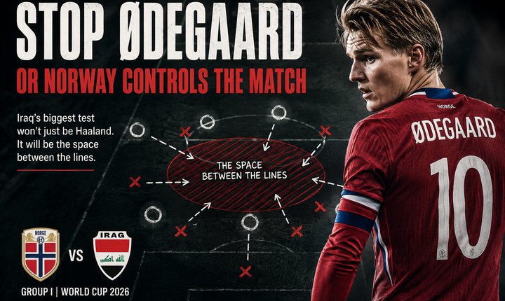 Document Media Sports tactical preview showing how Norway can create chances against Iraq in their FIFA World Cup 2026 Group I opener, featuring Haaland, Ødegaard, and Nusa.