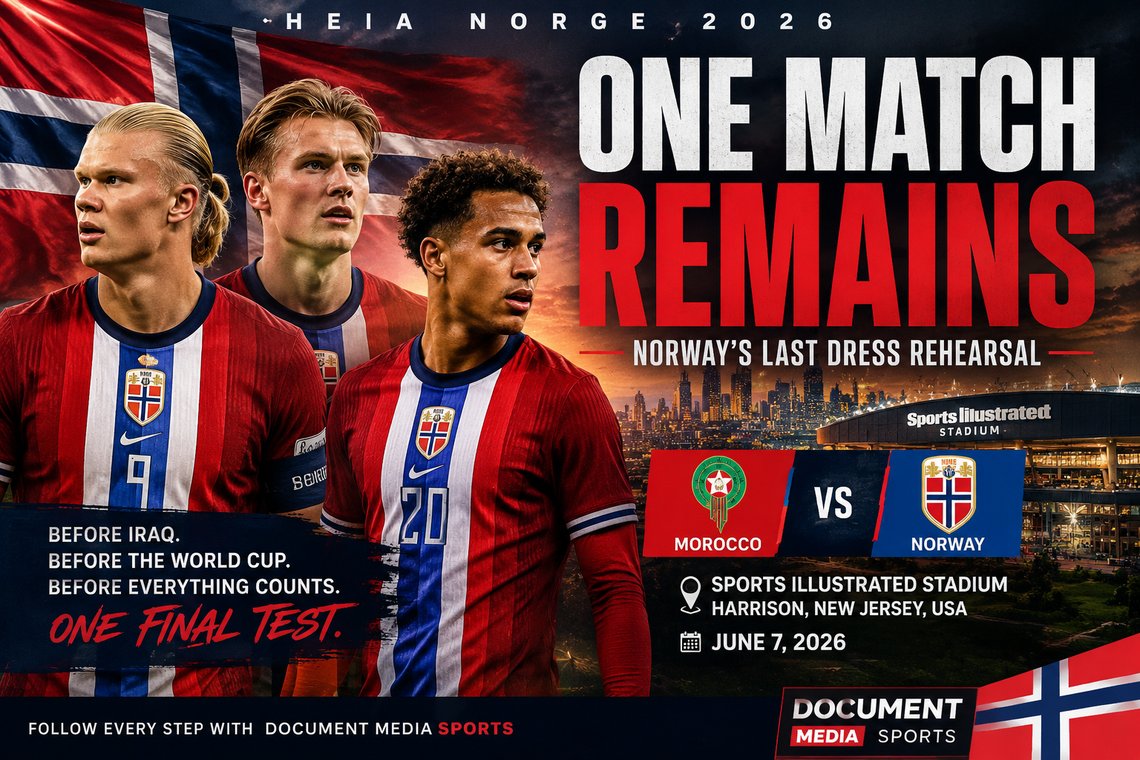 AI-generated editorial illustration created for the Document Media. Norway national team players prepare for their final World Cup warm-up match against Morocco at Sports Illustrated Stadium in Harrison, New Jersey, before the 2026 FIFA World Cup.
