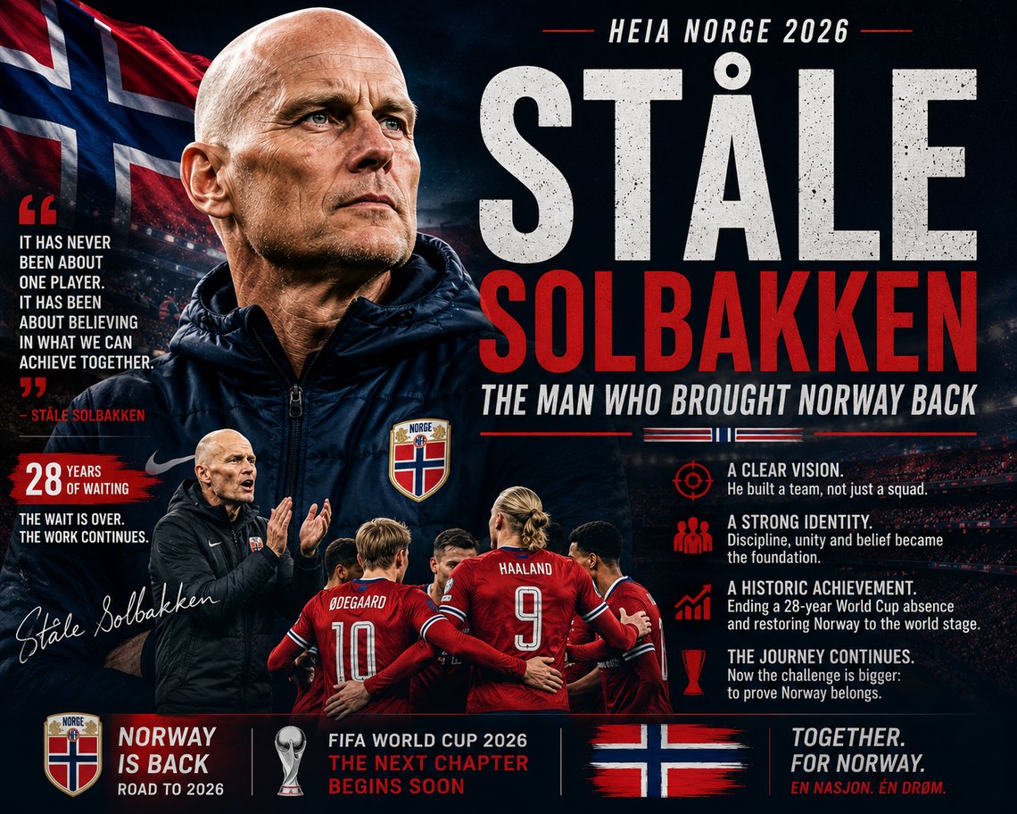 AI-generated editorial illustration created for the Document Media. Ståle Solbakken leading Norway's national team ahead of the 2026 FIFA World Cup.