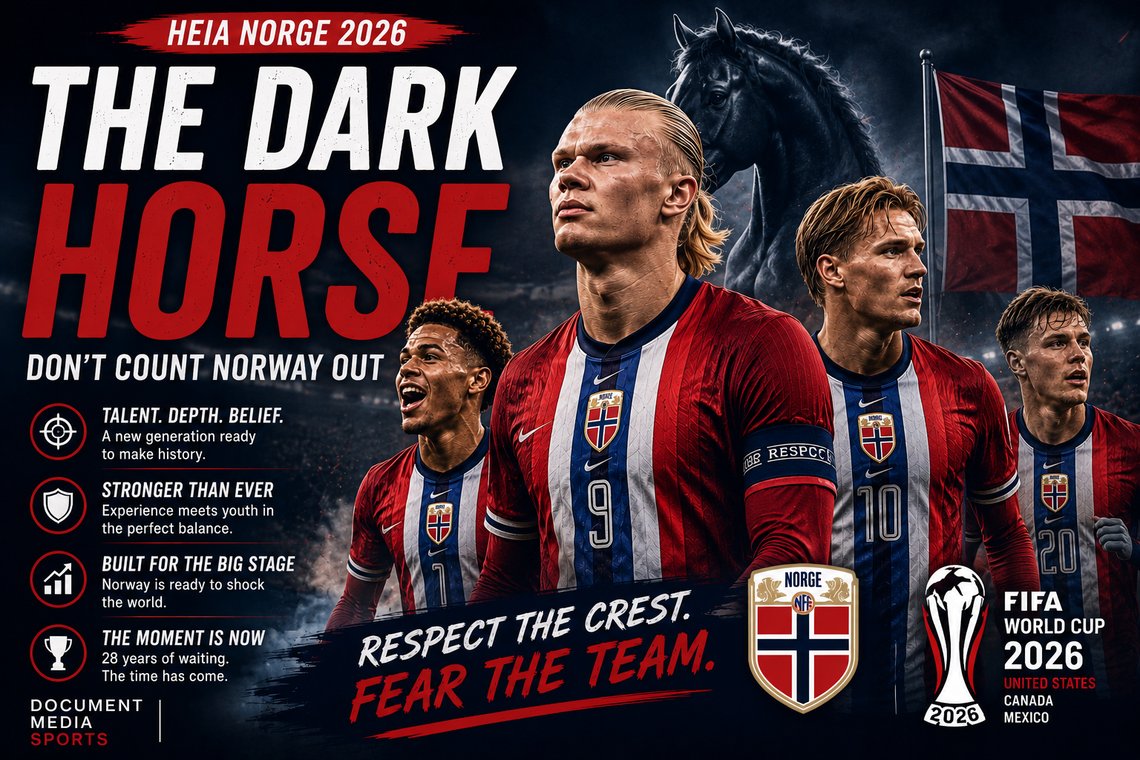 AI-generated editorial illustration created for the Document Media. Norway's national football team featured in a dramatic World Cup 2026 editorial graphic titled "The Dark Horse," highlighting Erling Haaland, Martin Ødegaard, Antonio Nusa, and Norway's potential as a surprise contender at the FIFA World Cup.
