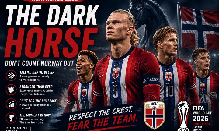 Norway's national football team featured in a dramatic World Cup 2026 editorial graphic titled "The Dark Horse," highlighting Erling Haaland, Martin Ødegaard, Antonio Nusa, and Norway's potential as a surprise contender at the FIFA World Cup.
