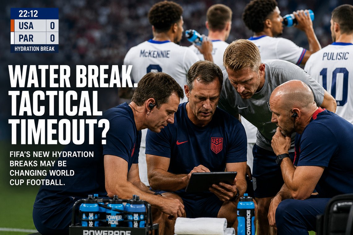 AI-generated editorial illustration created for the Document Media. U.S. coaches review tactics on a tablet during a World Cup hydration break,