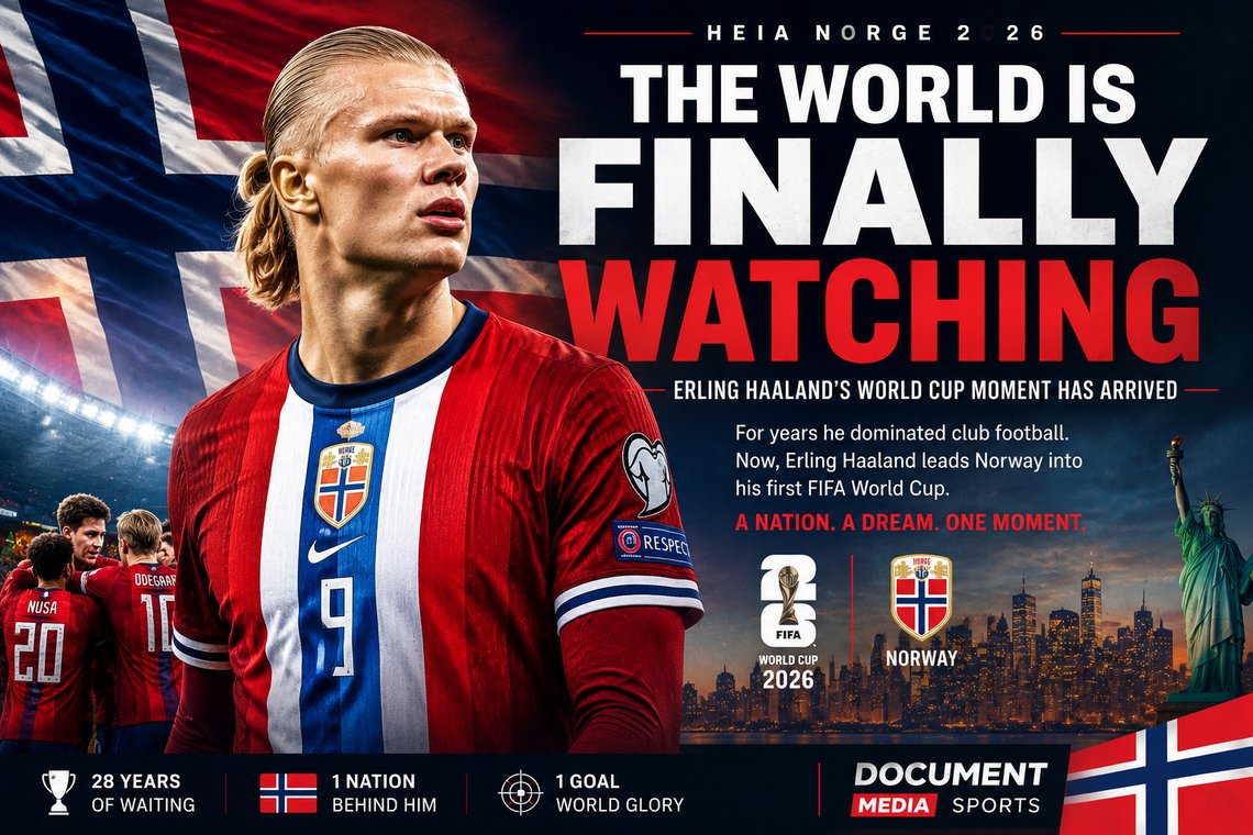 AI-generated editorial illustration created for the Document Media. Erling Haaland stands in Norway national team colors against a dramatic Norwegian flag backdrop in a cinematic Document Media Sports graphic ahead of the 2026 FIFA World Cup. The image highlights Haaland's first World Cup appearance as Norway returns to football's biggest stage after a 28-year absence.