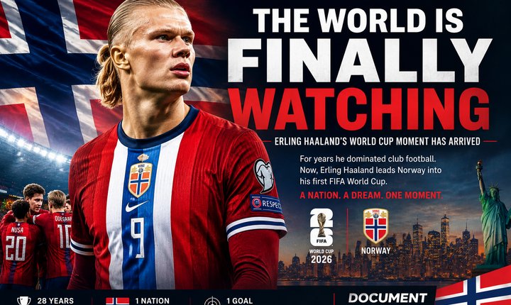 Erling Haaland stands in Norway national team colors against a dramatic Norwegian flag backdrop in a cinematic Document Media Sports graphic ahead of the 2026 FIFA World Cup. The image highlights Haaland's first World Cup appearance as Norway returns to football's biggest stage after a 28-year absence.