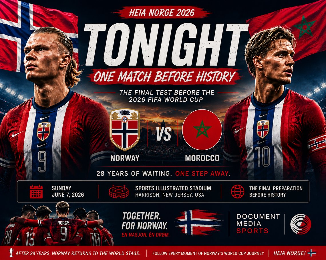 AI-generated editorial illustration created for the Document Media. Promotional graphic for Norway vs Morocco at Sports Illustrated Stadium in Harrison, New Jersey, featuring Erling Haaland and Martin Ødegaard ahead of Norway's final preparation match before the 2026 FIFA World Cup.