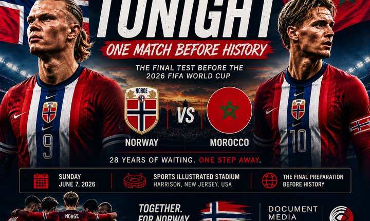 Promotional graphic for Norway vs Morocco at Sports Illustrated Stadium in Harrison, New Jersey, featuring Erling Haaland and Martin Ødegaard ahead of Norway's final preparation match before the 2026 FIFA World Cup.